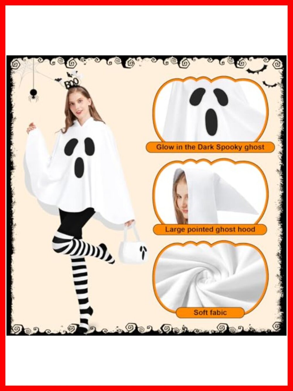Ghost Poncho Costume Set Glow Dark Hooded Pullover Halloween Cosplay - Picture 2 of 6